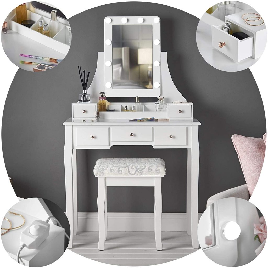Cómo hacer un tocador de maquillaje con luces. Mesa tocador, espejo, luces LED, taburete y organizador de maquillaje.
