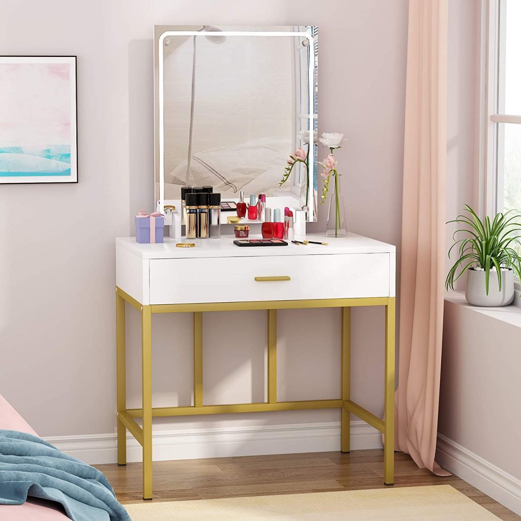 Tocador. Cómo hacer un tocador de maquillaje con luces. Mesa tocador, espejo, luces LED, taburete y organizador de maquillaje.