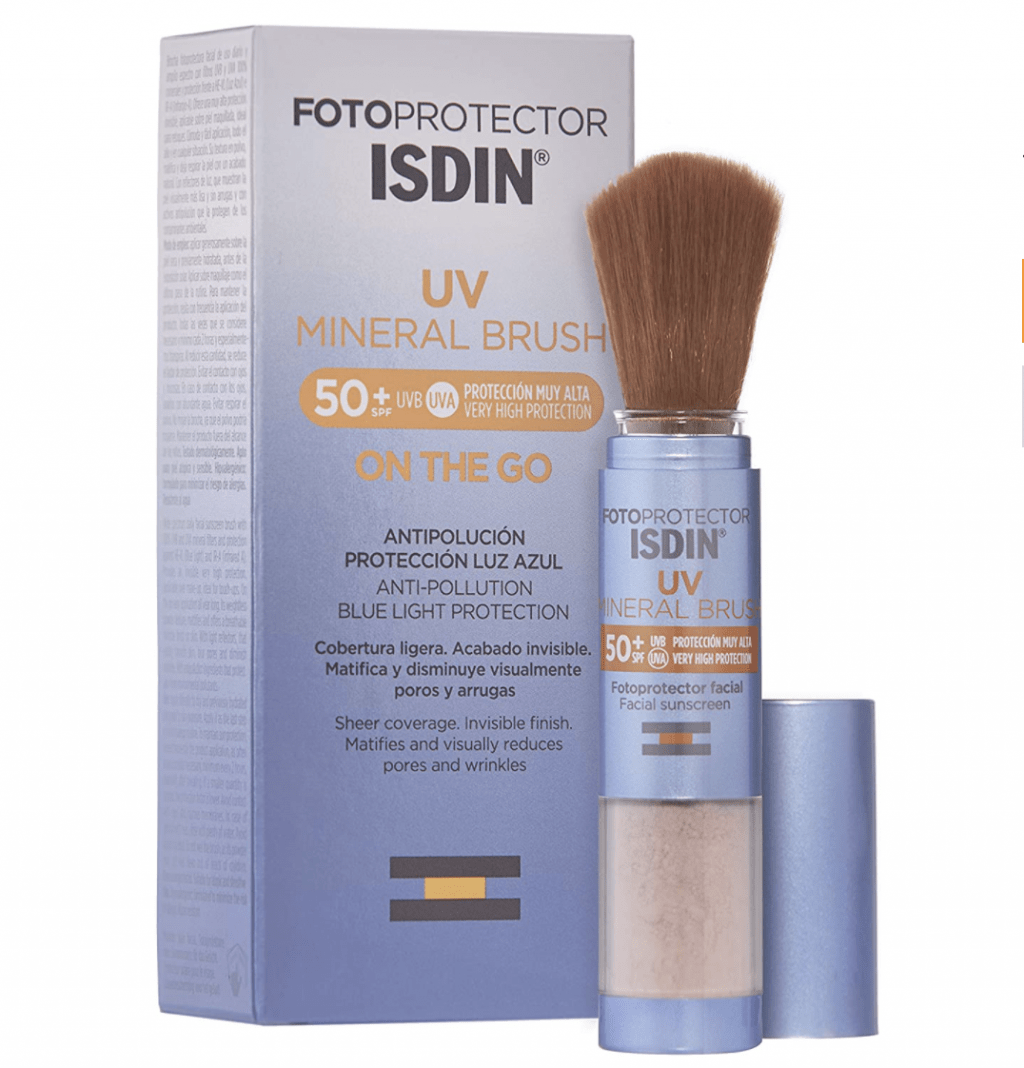 El mejor protector solar facial. Crema de sol SPF 50 anti rayos UVA UVB resistente al agua. Protectores solares faciales reaplicar maquillaje Fotoprotector Isdin mineral brush