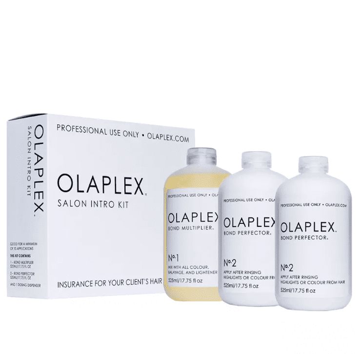 Salon Intro Kit Tratamiento Olaplex 1 y 2 en peluquería. Tratamiento reparador intensivo Olaplex 1 Bond Multiplier y Olaplex 2 Bond Perfector. Antes y después