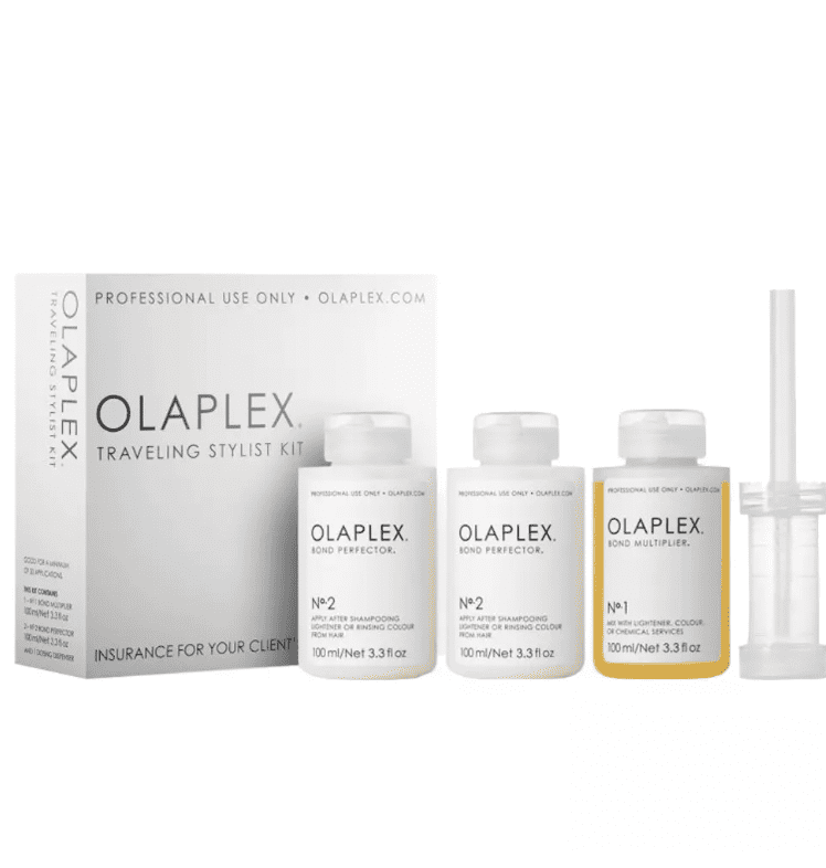 Olaplex Traveling Stylist Kit Tratamiento Olaplex 1 y 2 en peluquería. Tratamiento reparador intensivo Olaplex 1 Bond Multiplier y Olaplex 2 Bond Perfector. Antes y después