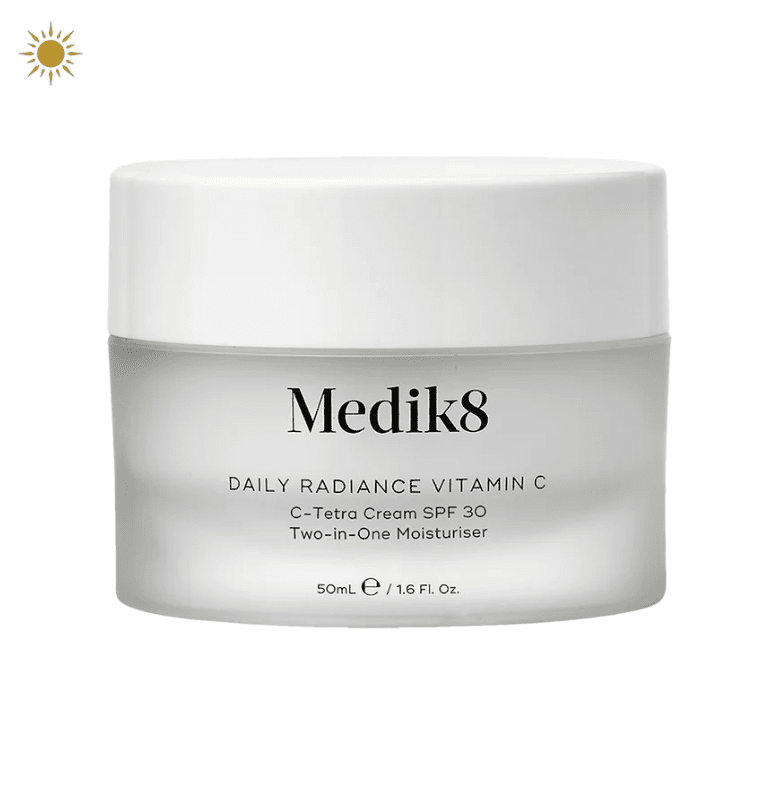 Hidratante Medik8 Daily Radiance Vitamin C Medik8 rutina facial de mañana. Opiniones: rutina cuidado facial de día Medik8 C Tetra vitamina C, Hydr8 ácido hialurónico, protección solar.